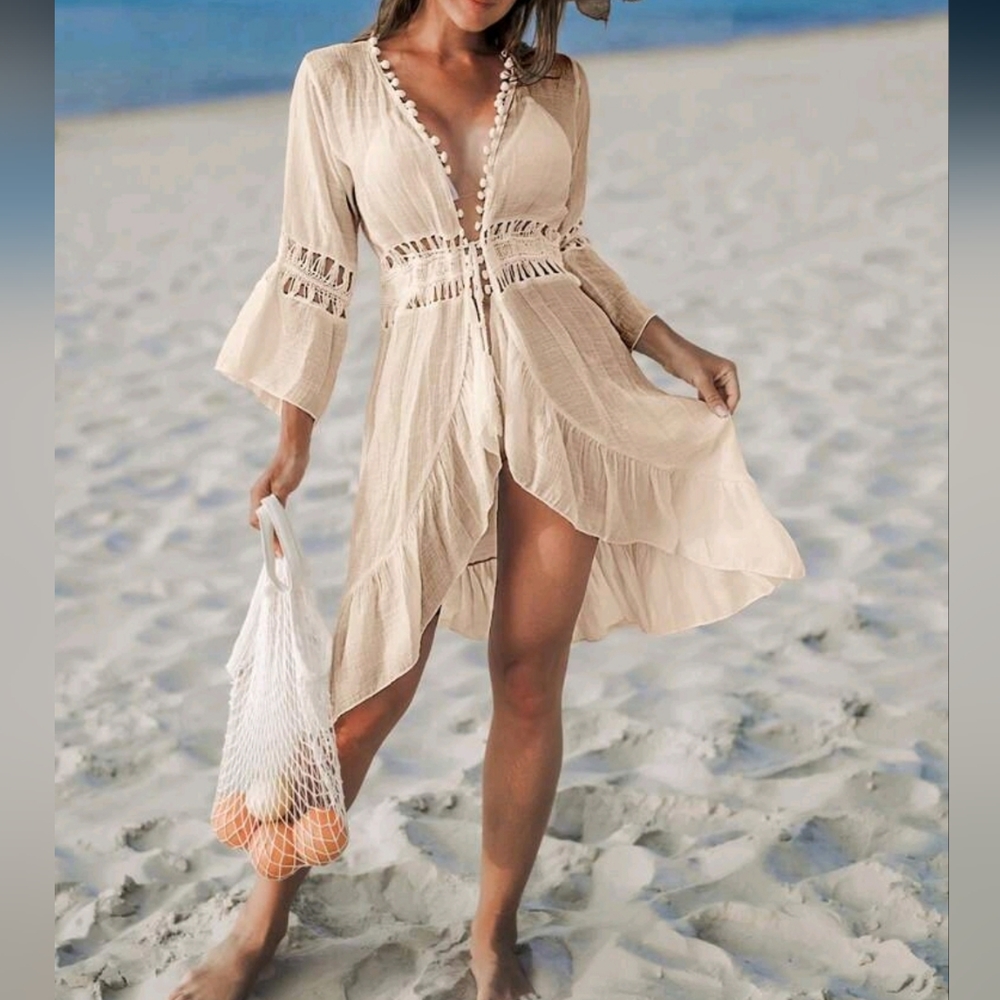New Boho Crochet Lace Tie Bikini Cover Up Swim Beige Ivory